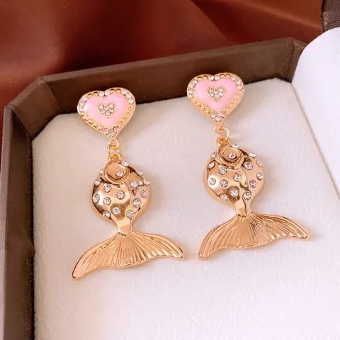 Vintage Goldfish Tail Drop Earrings Alloy Rhinestone Pink Heart With 925 Sterling Silver Earring Post For Women