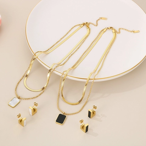 Stainless Steel Necklace And Earrings Layered Rectangular Emerald Green Glass Shell Pendant Geometric Vintage For Women