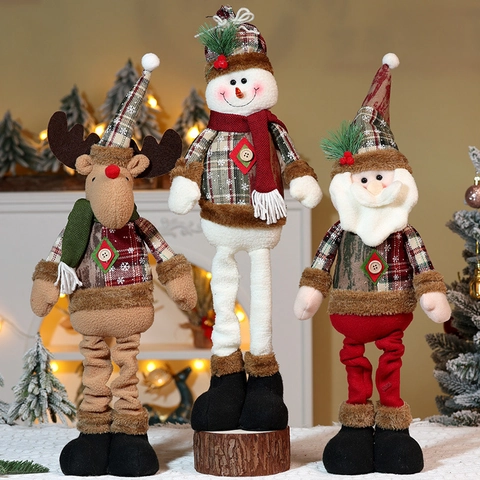 Christmas Telescopic Doll Plush Reindeer Snowman Santa Claus Retractable Leg Home Ornament Plaid Fabric Holiday Decor