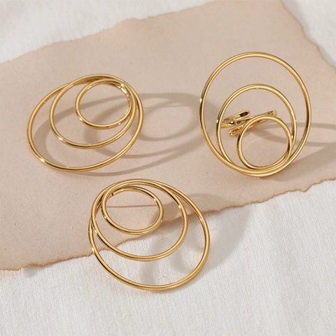 Geometrische Roestvrijstalen Oorbellen En Spiraalring PVD Verguld Meerlagige Geneste Cirkels Stoere Minimalistische Sieraden Voor Vrouwen