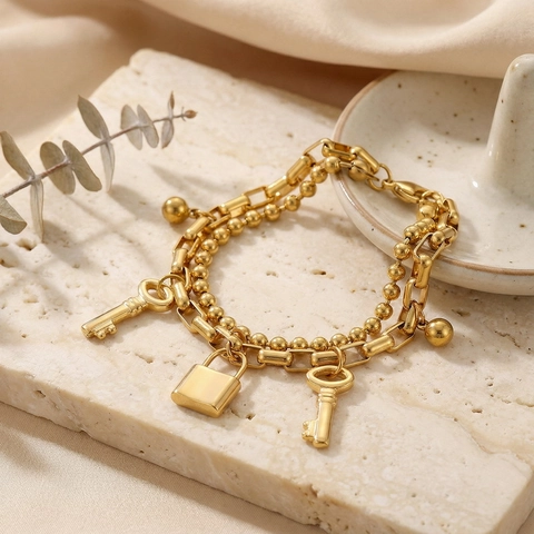 Roestvrijstalen Dubbellaagse Armband Voor Dames Met Slot En Sleutel Bedels Chique Schakelketting Modeaccessoire