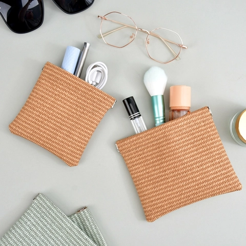 Bolsa De Almacenamiento De Cuero PU Textura Tejida Cierre De Resorte Organizador Para Maquillaje Cable Auriculares Estilo Coreano