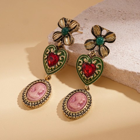 Orecchini Pendenti Cameo Barocco Vintage Con Fiore Cuore Rilievo Ritratto Ottone Strass E Perno In Argento 925