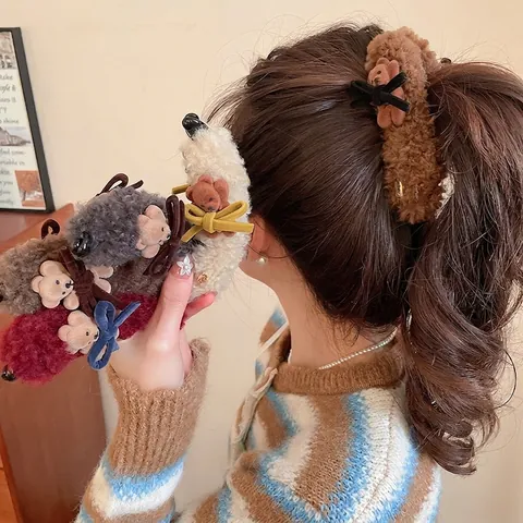 Teddybär Plüsch Haarklammer Acryl Kunstfell Haarkrebs Süße Samtschleife Winter Haarschmuck Für Damen