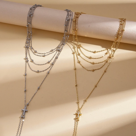 Collana Con Ciondolo A Croce Multistrato Rame Zircone Catena Di Perline Lariat Lungo Gioielli Di Dichiarazione Eleganti Donna