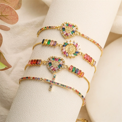 Adjustable Bracelet Gold Plated Copper With Colorful Zircon Heart Cross Virgin Mary Slider Clasp Jewelry For Women