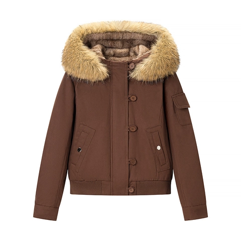 Women Short Jacket Detachable Faux Fur Collar Hooded Thick Winter Outerwear Retro Casual Solid Color Coat