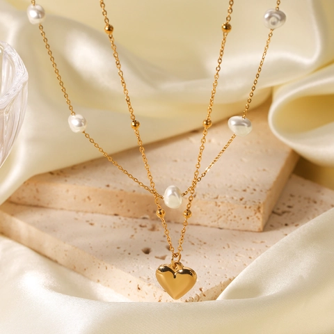 Layered Heart Pendant Necklace Stainless Steel With Artificial Pearls Gold Tone French Retro Style For Women Elegant
