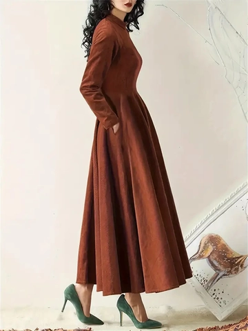 Vestido Largo Elegante De Pana Para Mujer Manga Larga Cuello Alto Línea A Vintage Color Sólido