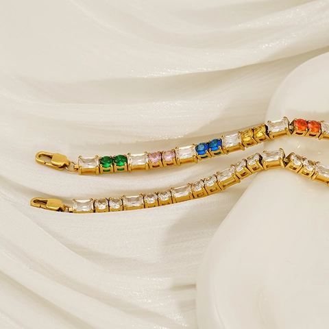 Bracciale Tennis In Acciaio Inossidabile Placcato Oro 18K Zirconia Cubica Multicolore Regolabile Gioielli Hip Hop