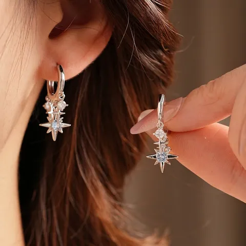 Orecchini A Cerchio Con Stella E Zirconia Con Perno In Argento Ciondolo Gemma Blu Scintillante Gioiello Delicato Da Donna