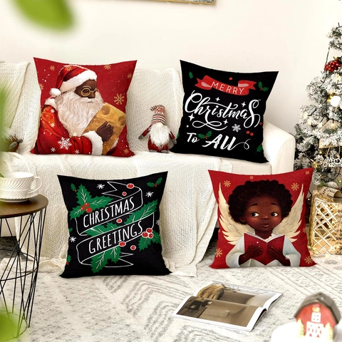 Weihnachts Dekokissenbezüge Schwarzer Weihnachtsmann Engel Cartoon Muster Polyester Leinen Textur Feiertag Haus Deko