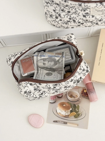 Octagonal Floral Corduroy Makeup Bag Quilted Cosmetic Pouch Vintage Zipper Toiletry Organizer Travel Portable For Women
