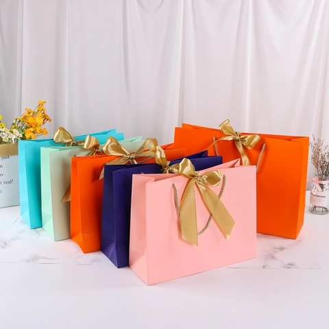 Paper Gift Bags With Satin Ribbon Bow And Handles For Wedding Birthday Party Shopping Solid Color Thick Cardboard