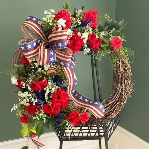 Independence Day Patriotic Wreath Red White Blue Artificial Flowers Rattan Vine Base Stars And Stripes Bow Home Decor