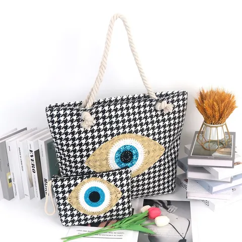 Τσάντα Tote Και Πουγκί Με Κέντημα Evil Eye Καμβάς Houndstooth Μποέμ Τσάντα Παραλίας Ώμου Με Λαβή Από Σχοινί