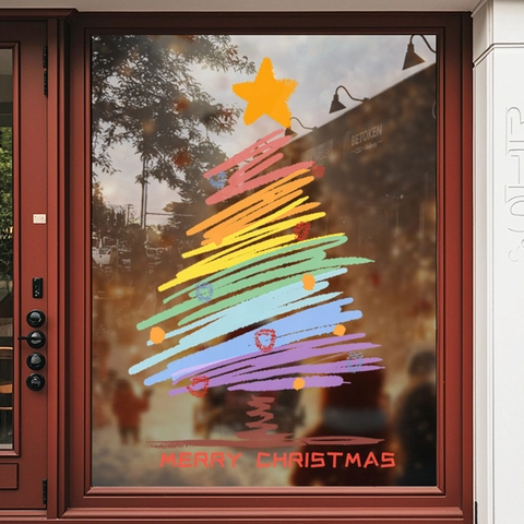 Christmas Tree Window Stickers Static Cling PVC Colorful Graffiti Hand Drawn Decals For Shop Glass Door Holiday Decoration