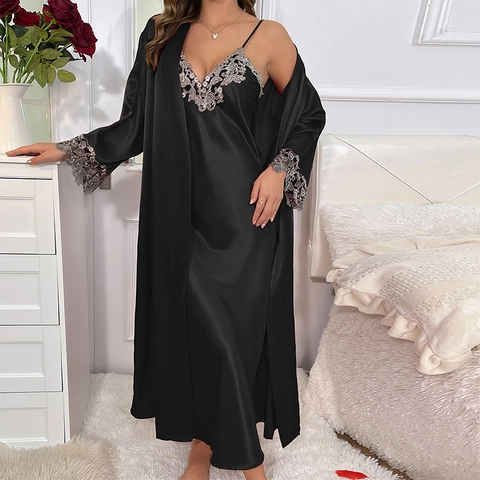 Camisón Y Albornoz De Satén Para Mujer Imitación Satén Ribete Encaje Cuello V Ropa De Dormir Elegante