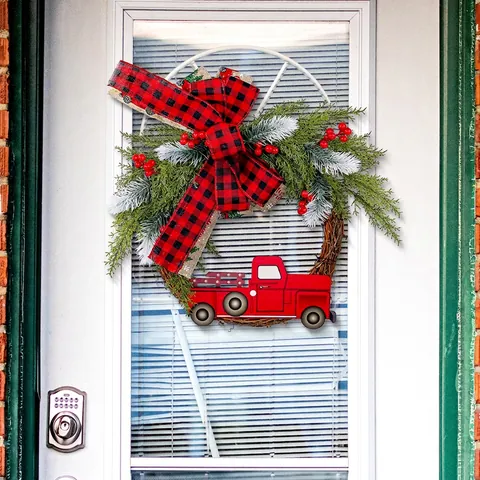 Ghirlanda Di Natale Con Camion Rosso Fiocco A Quadretti Bufalo Decorazione Porta Fattoria Ramo Di Pino Bacca Ornamento Appeso