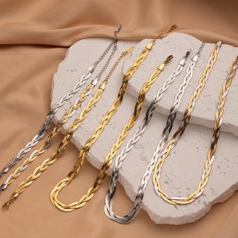 Vintage Edelstahl Gewebte Twist Kette Halskette Armband Set Damen Minimalist Gold Silber Dreifarbiger Schmuck Zubehör