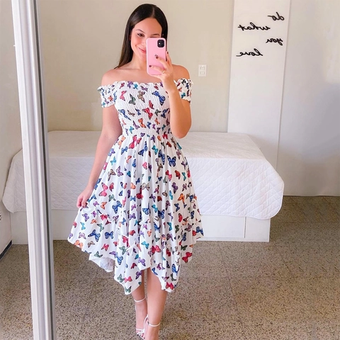 Damen Off Shoulder Floral Smocked Midi Kleid Unregelmäßiger Saum Sommer Urlaub Polyester Druck