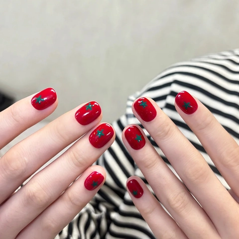 Unghie Finte Rosse Con Motivo Stella Verde Unghie Artificiali Corte Tonde Lucide Per Donna Quotidiano
