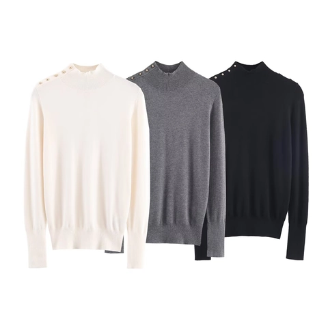 Pull À Col Montant Pour Femmes Avec Boutons Dorés Décoratifs À L Épaule Tricot Ajusté À Manches Longues Couleur Unie
