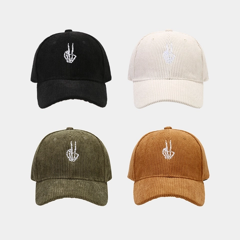 Corduroy Baseball Cap Retro Skeleton Hand Embroidery Peace Sign Curved Brim Adjustable Outdoor Vintage Streetwear Hat