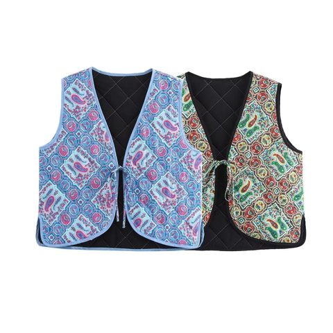 Γυναικείο Ethnic Paisley Print Καπιτονέ Γιλέκο Πολυεστέρας V-λαιμόκοψη Μπροστινό Δέσιμο Αμάνικο Γιλέκο Ethnic Στυλ