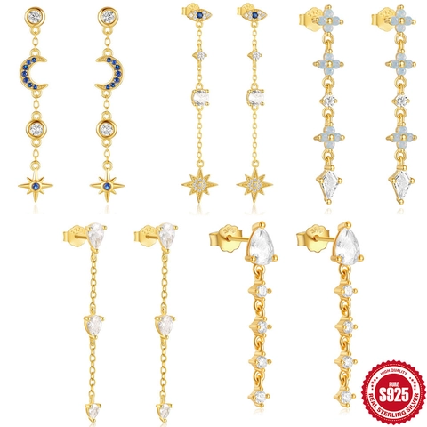 Orecchini Pendenti in Argento Sterling 925 con Stella Luna Malocchio e Nappa per Donna Placcati in Oro con Zirconia AAAAA Gioielli alla Moda Eleganti Regalo