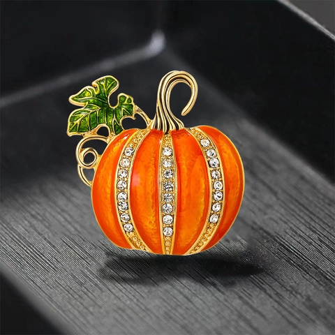 Broche De Calabaza De Halloween Esmalte Naranja Con Diamantes De Imitación Blancos Joyas De Aleación Accesorios De Acción De Gracias