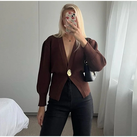 Damen Strickcardigan Mit V-Ausschnitt Goldener Knopf Laternenärmel Minimalistisches Lässiges Langarm-Oberteil