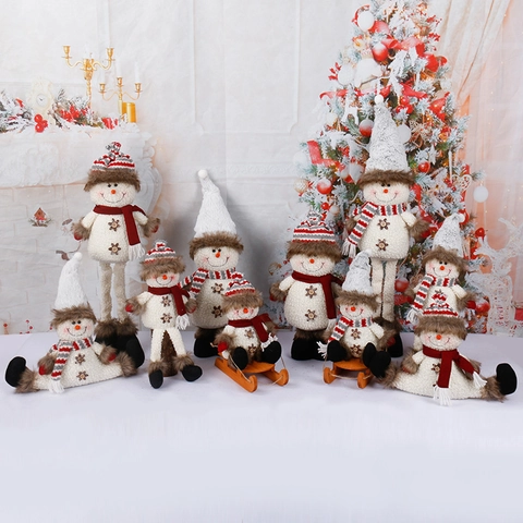 Christmas Snowman Plush Doll Ornament Knitted Fabric Sitting On Wood Sled Standing Holiday Home Window Table Decor