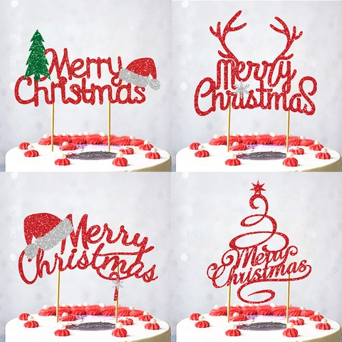 Merry Christmas Cake Topper Glitter Cardboard Xmas Tree Hat Reindeer Antler Party Decoration Supplies