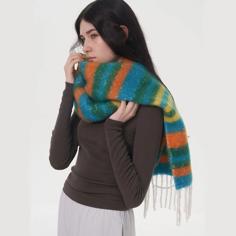 Damen Winter Schal Bunte Streifen Kaschmir Imitat Verdickt Warm Lang Wickel Mit Quasten Schick Mode Dopamin Stil