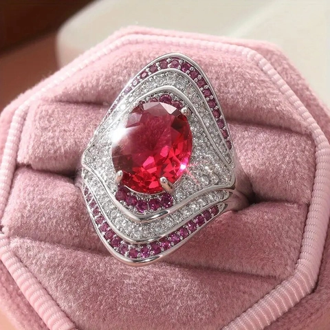 Vintage Oval Red Gemstone Ring For Women Copper With Multi Layer Pink White Zircon Luxury Cocktail Banquet Jewelry