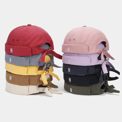 Vintage Cotton Canvas Brimless Docker Hat With N Letter Embroidery Adjustable Metal Buckle Retro Street Style Miki Hat