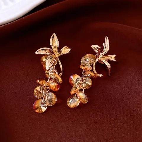 Vintage Champagne Glass Bead Tassel Drop Earrings With 925 Sterling Silver Earring Post Women Elegant Flower Jewelry