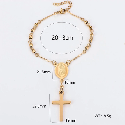 Edelstahl Religiöses Armband Mit Kreuzanhänger Und Jungfrau Maria Ovaler Medaille Rundperlen Schmuck Für Herren Damen