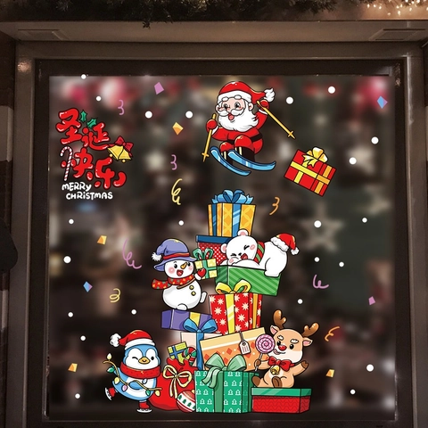 Pegatinas Ventana Navidad Doble Cara Estáticas PVC Para Cristal Papá Noel Muñeco De Nieve Reno Dibujos Animados Decoración