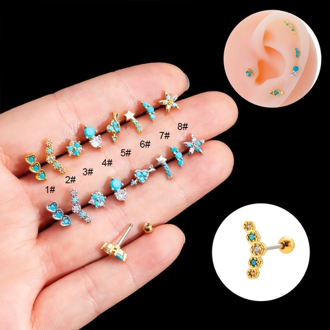 Stainless Steel Turquoise Cartilage Stud Earrings Double Head Screw Back Zircon Piercing Jewelry For Women