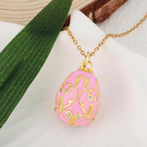 Faberge Style Egg Pendant Necklace Gold Plated Copper Enamel Rhinestone Hollow Vintage Jewelry For Women Gift