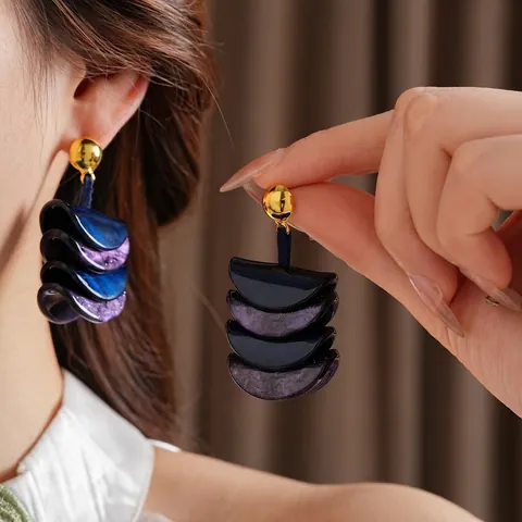 Mehrlagige Fächerförmige Harz Tropfenohrringe Mit Silver Earring Post Sternenglitzer Lila Goldkugel Stecker Damen