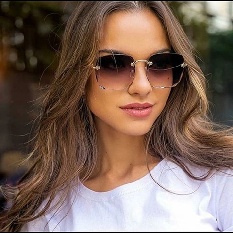Fashion Rimless Square Sunglasses Gradient Lenses Wavy Cut Edges Metal Hinge UV Protection Trendy Streetwear For Women