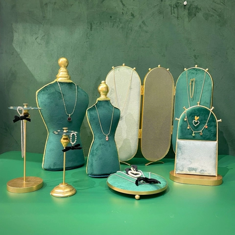 Jewelry Display Stand Velvet Necklace Bust Mannequin Earring Holder Metal Frame Screen Organizer Dark Green Vintage Luxury
