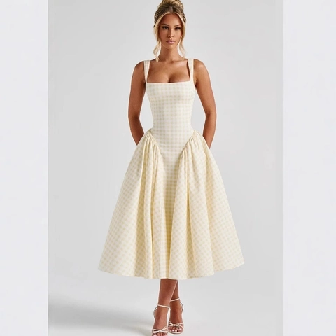 Robe Midi À Carreaux Gingham Encolure Carrée Larges Bretelles Dos Nu Laçage Corsage Corset Trapèze Vintage Robe Douce Femmes