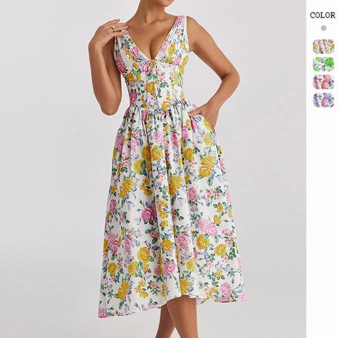 Women Floral Midi Dress V Neck Sleeveless Polyester A Line Summer Resort Dress With Pockets