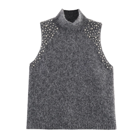 Elegant Wool Blend Sleeveless Mock Neck Knit Top For Women Grey Rhinestone Beaded Shoulder Slim Fit Lady Style Party Tank Top