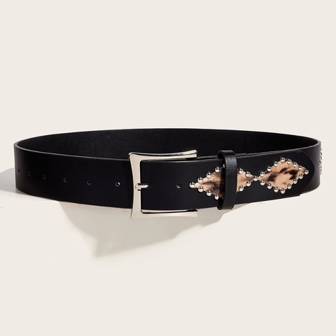 Leopard Print Faux Leather Belt Women Punk Style Silver Studded Western Waistband With Square Pin Buckle