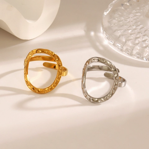 Anillo De Acero Inoxidable Martillado Redondo Irregular Hueco Ajustable Abierto Joyería Estilo Minimalista Vintage Mujeres